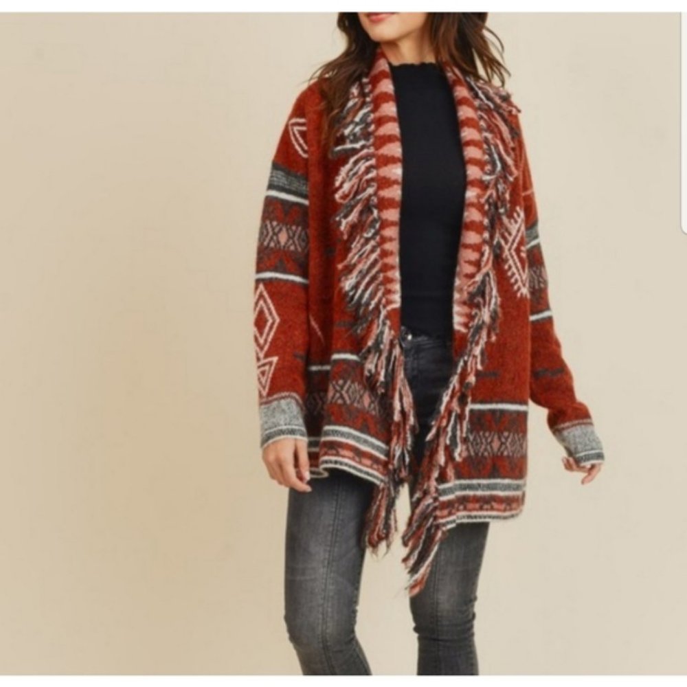 Aztec Southwest Print Cozy Warm Chunky Cardigan - Picture 2 of 8